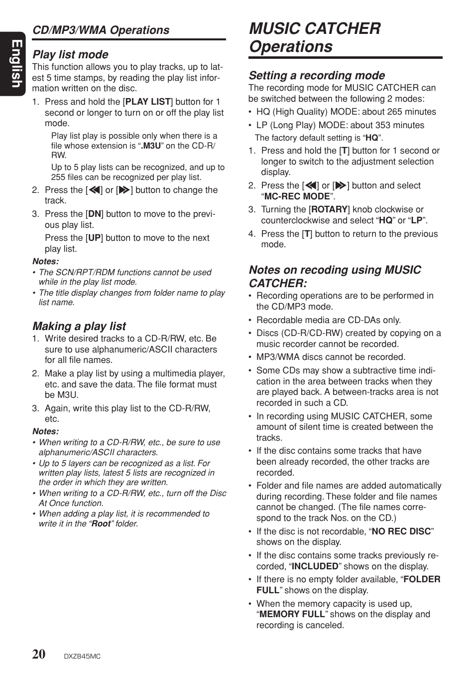Play list mode, Music catcher operations, Setting a recording mode | English, Cd/mp3/wma operations play list mode, Making a play list | Clarion DXZ845MC User Manual | Page 20 / 44