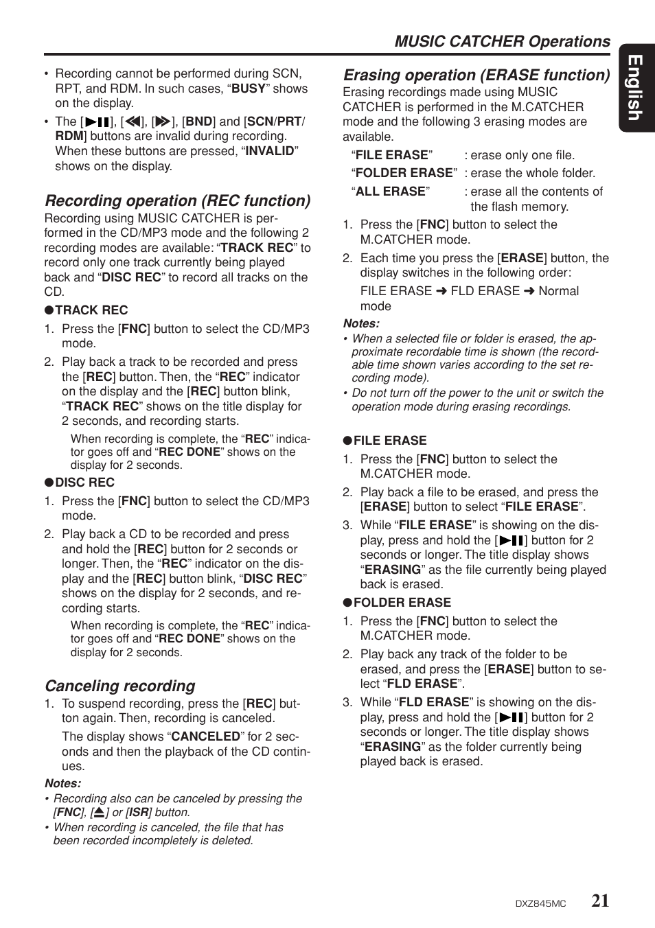 Recording operation, Canceling recording, Erasing operation | 21 english, Recording operation (rec function), Erasing operation (erase function), Music catcher operations | Clarion DXZ845MC User Manual | Page 21 / 44