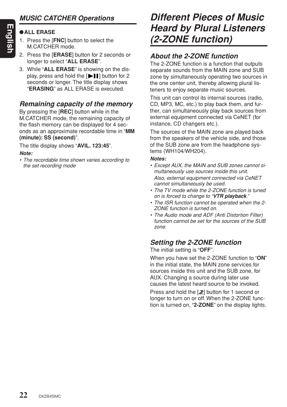 Remaining capacity of the memory, Dual zone function, English | About the 2-zone function, Setting the 2-zone function, Music catcher operations | Clarion DXZ845MC User Manual | Page 22 / 44
