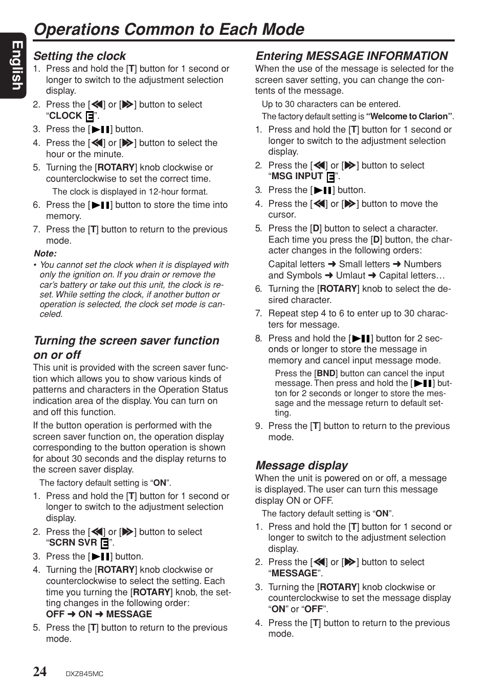 Operations common to each mode, Setting the clock, Turning the screen saver on / off | Entering 'message information, Message display, English, Turning the screen saver function on or off, Entering message information | Clarion DXZ845MC User Manual | Page 24 / 44