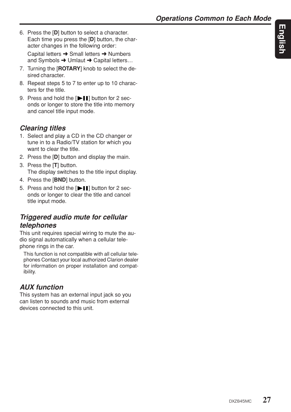 Clearing titles, Tel mute, Aux function | 27 english, Operations common to each mode, Triggered audio mute for cellular telephones | Clarion DXZ845MC User Manual | Page 27 / 44
