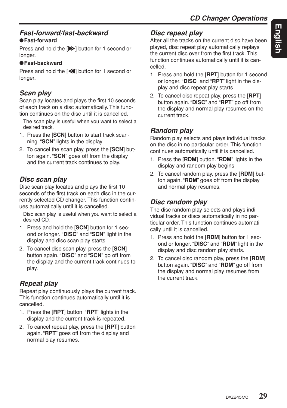 29 english, Cd changer operations disc repeat play, Random play | Disc random play, Fast-forward/fast-backward, Scan play, Disc scan play, Repeat play | Clarion DXZ845MC User Manual | Page 29 / 44