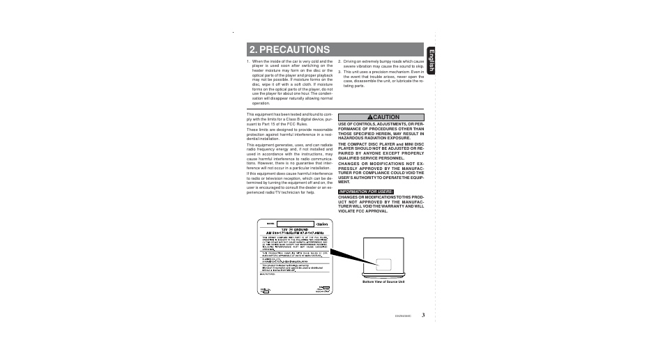 Precautions, 3english, Caution | Clarion DXZ845MC User Manual | Page 3 / 44