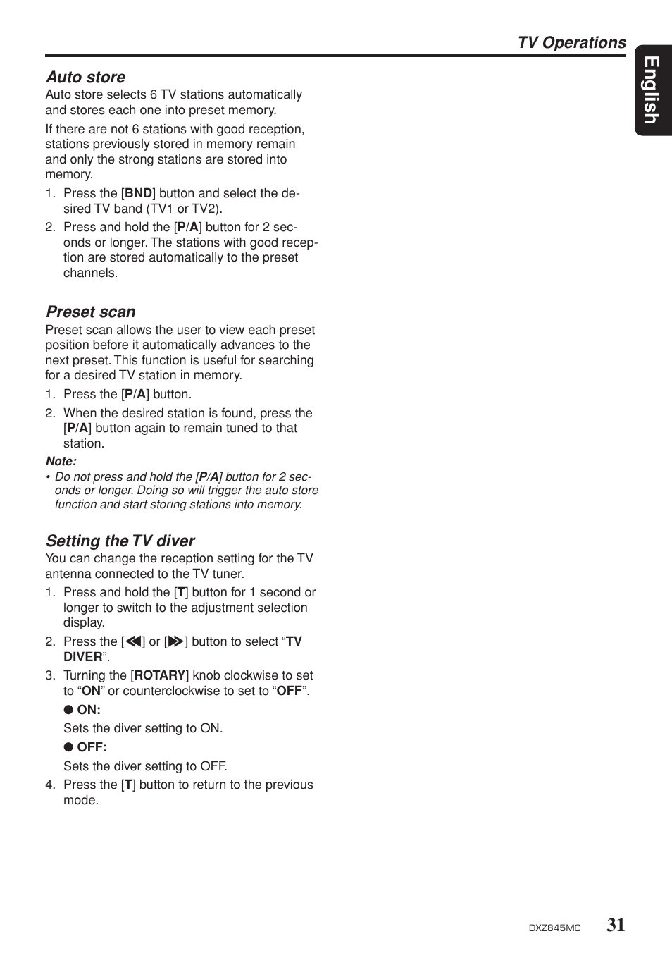 31 english, Auto store, Preset scan | Setting the tv diver, Tv operations | Clarion DXZ845MC User Manual | Page 31 / 44