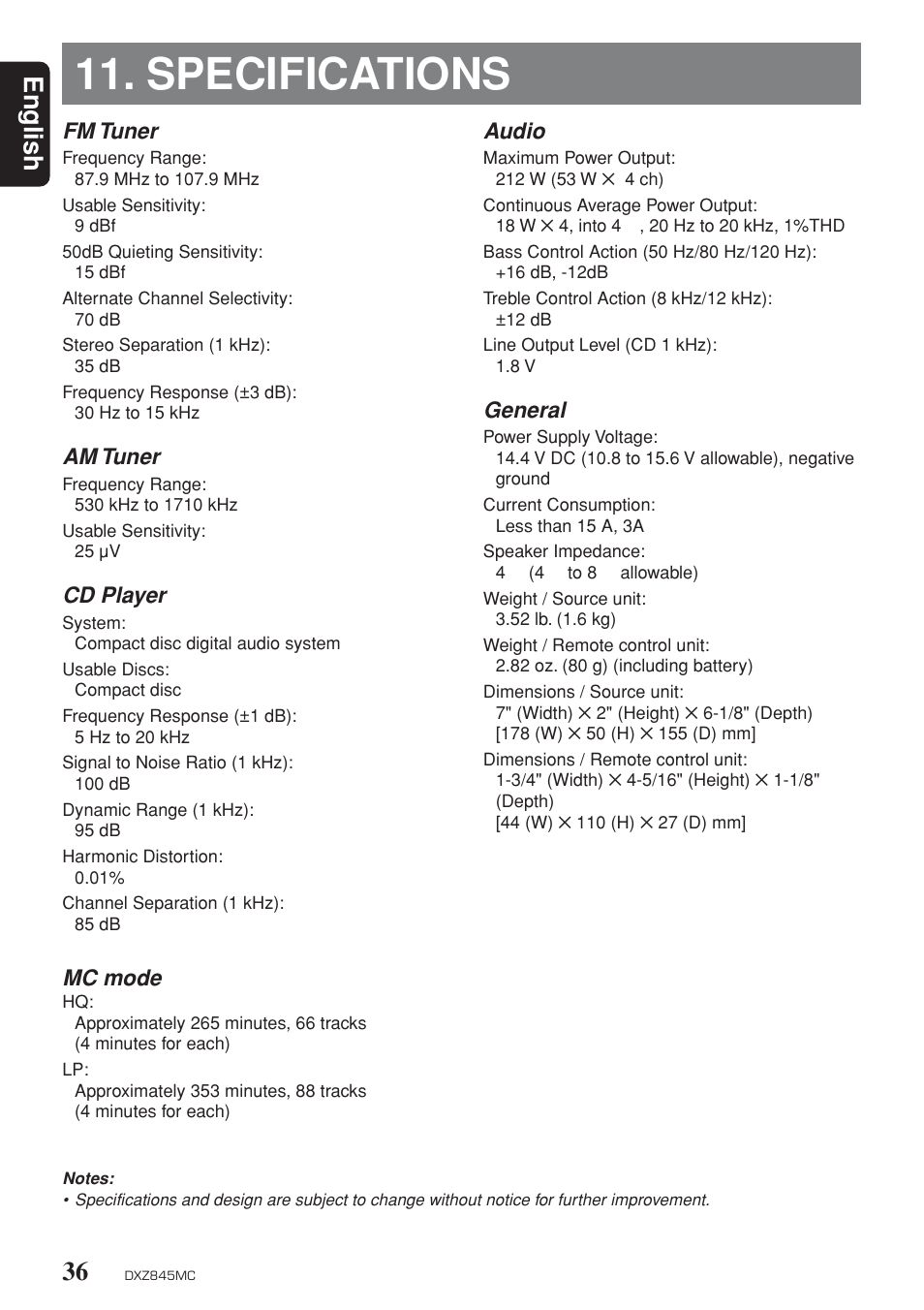 Specs, Specifications, English | Fm tuner, Am tuner, Cd player, Mc mode, Audio, General | Clarion DXZ845MC User Manual | Page 36 / 44