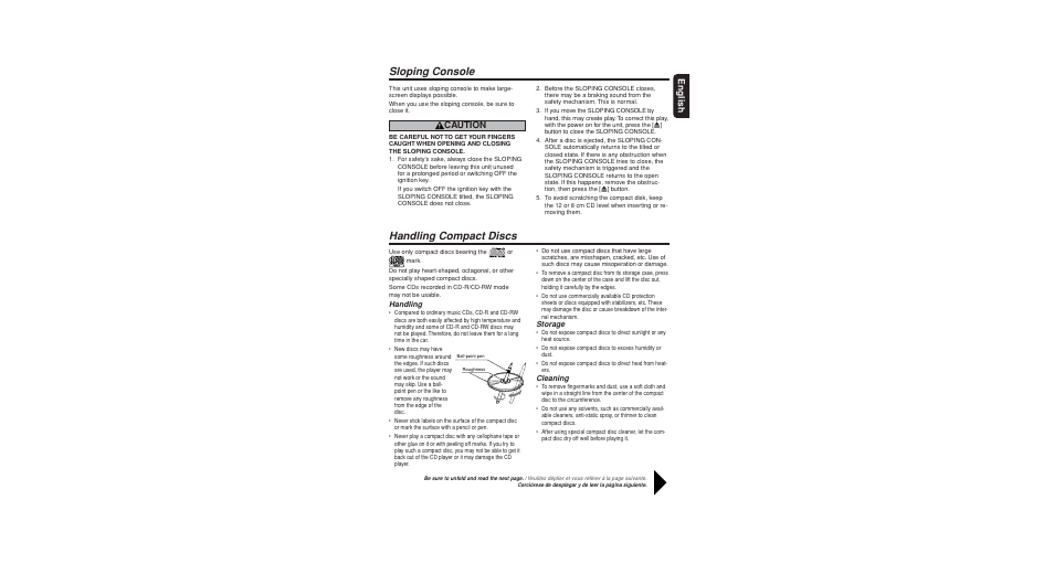 Handling compact discs, Sloping console, English | Caution, Handling, Storage, Cleaning | Clarion DXZ845MC User Manual | Page 4 / 44