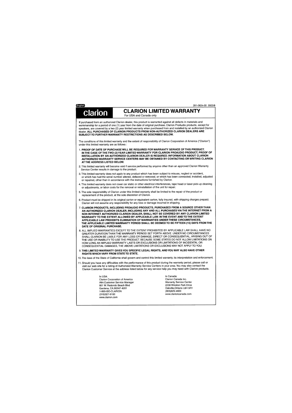 Warranty | Clarion DXZ845MC User Manual | Page 42 / 44