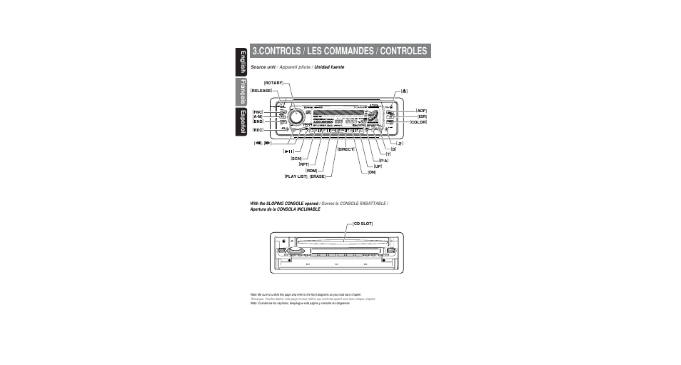 Front panel controls, Controls / les commandes / controles, English français español | Clarion DXZ845MC User Manual | Page 5 / 44