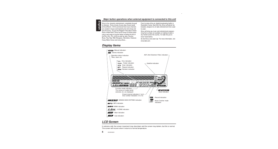 Front panel display, Lcd screen, Display items | English | Clarion DXZ845MC User Manual | Page 8 / 44