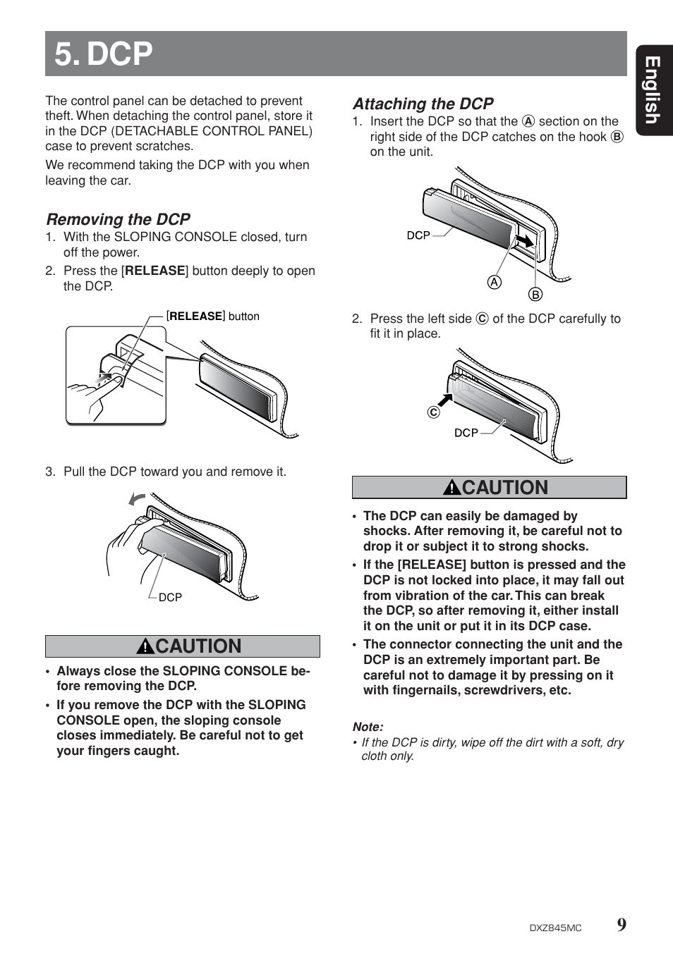 Attaching / removing faceplate, 9english, Caution | Clarion DXZ845MC User Manual | Page 9 / 44