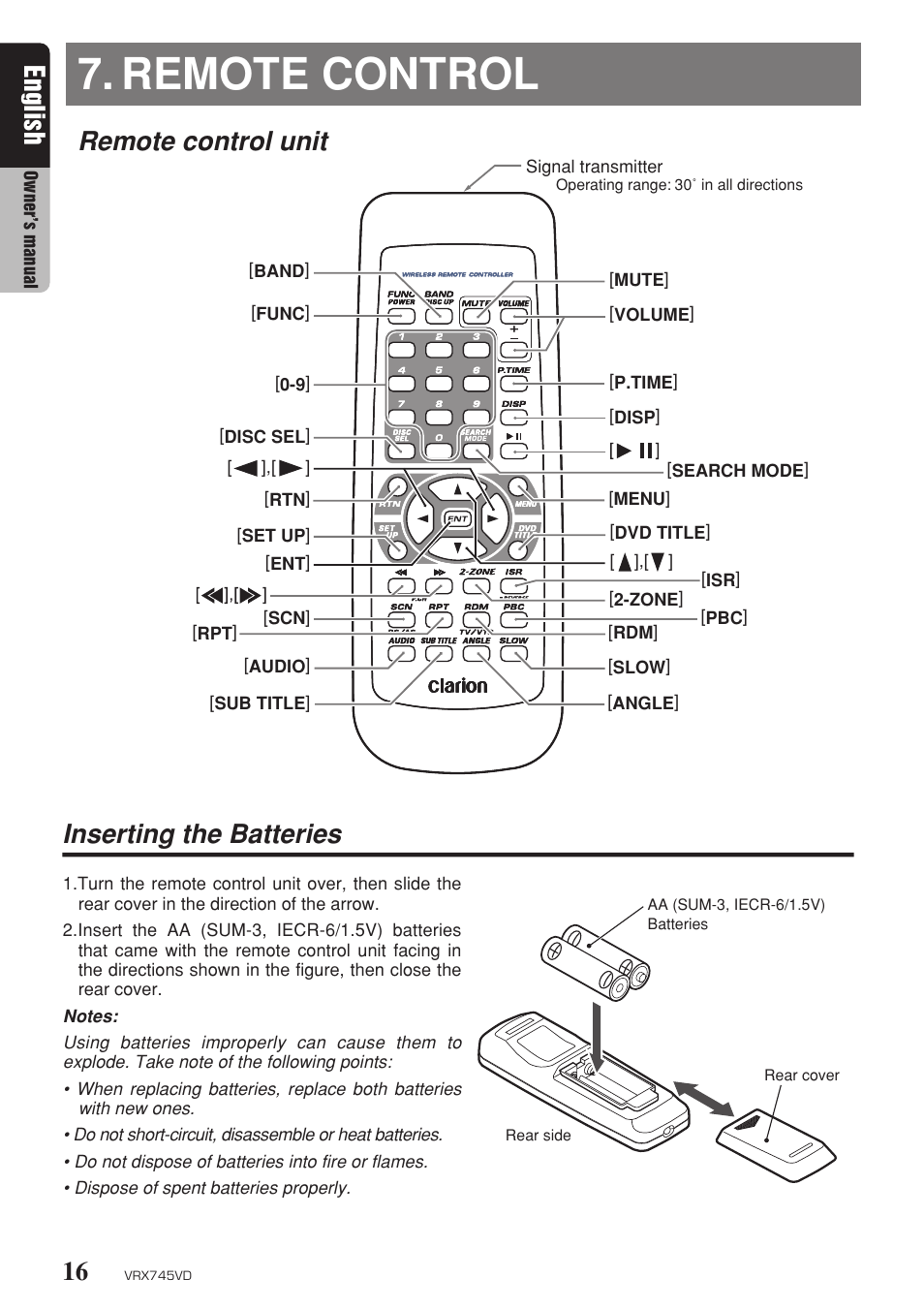 Remote control, Inserting the batteries, English | Remote control unit inserting the batteries | Clarion VRX745VD User Manual | Page 14 / 68