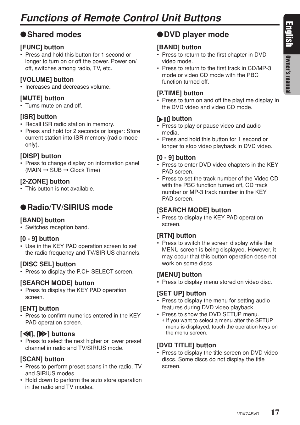 Functions of remote control unit buttons, 17 english, Shared modes | Radio/tv/sirius mode, Dvd player mode | Clarion VRX745VD User Manual | Page 15 / 68
