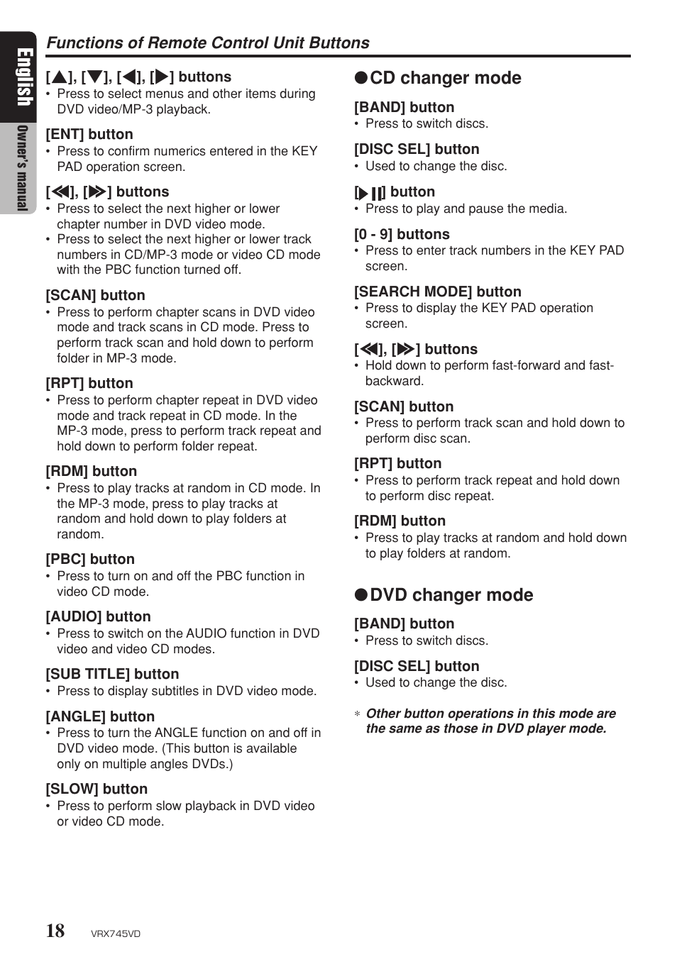 English, Cd changer mode, Dvd changer mode | Functions of remote control unit buttons | Clarion VRX745VD User Manual | Page 16 / 68
