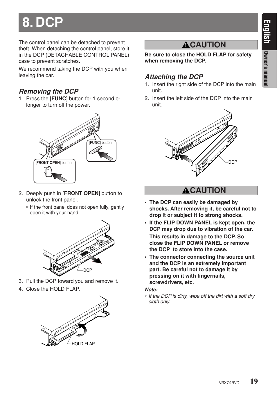 19 english, Caution, Removing the dcp | Attaching the dcp | Clarion VRX745VD User Manual | Page 17 / 68