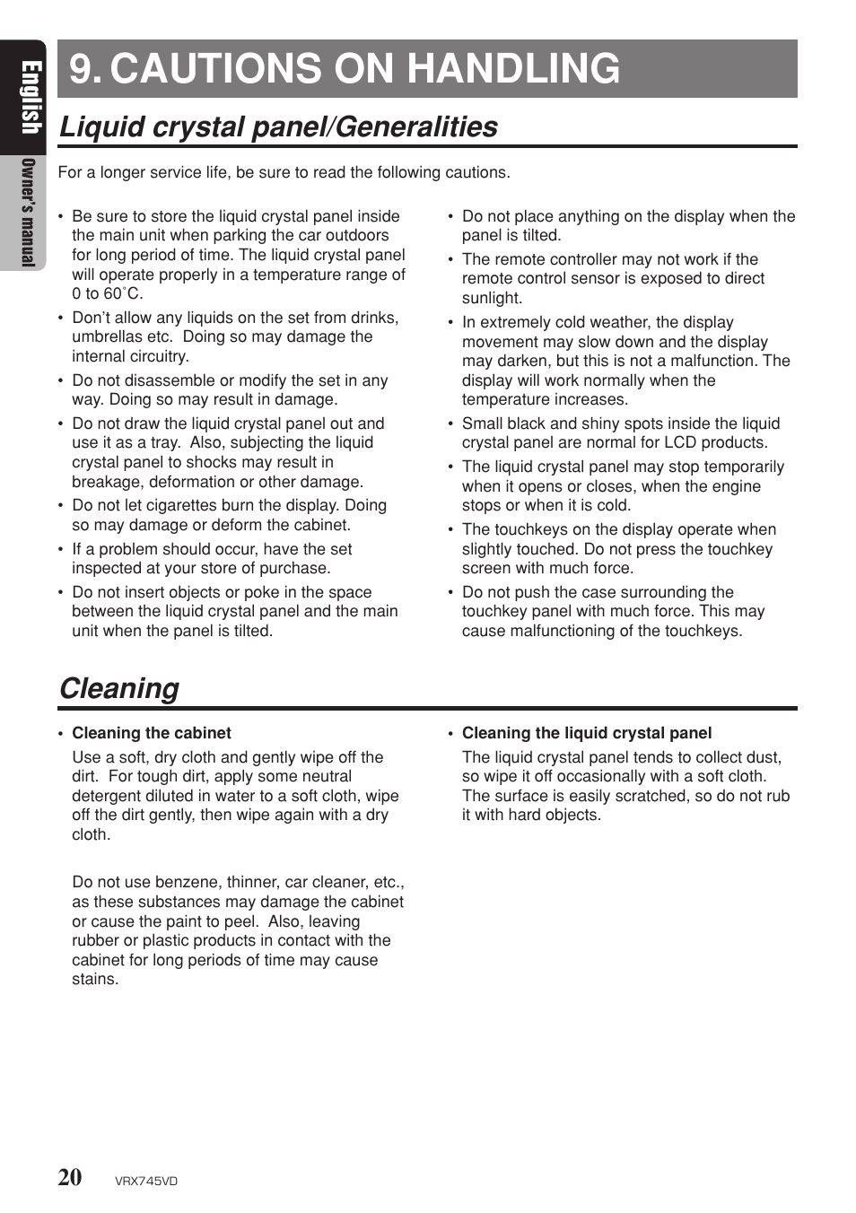 Cautions on handling, Liquid crystal panel/generalities, Cleaning | English | Clarion VRX745VD User Manual | Page 18 / 68