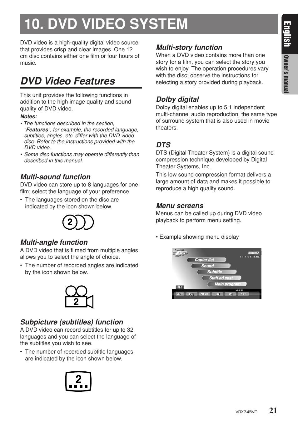 Dvd video system, Dvd video features, 21 english | Clarion VRX745VD User Manual | Page 19 / 68