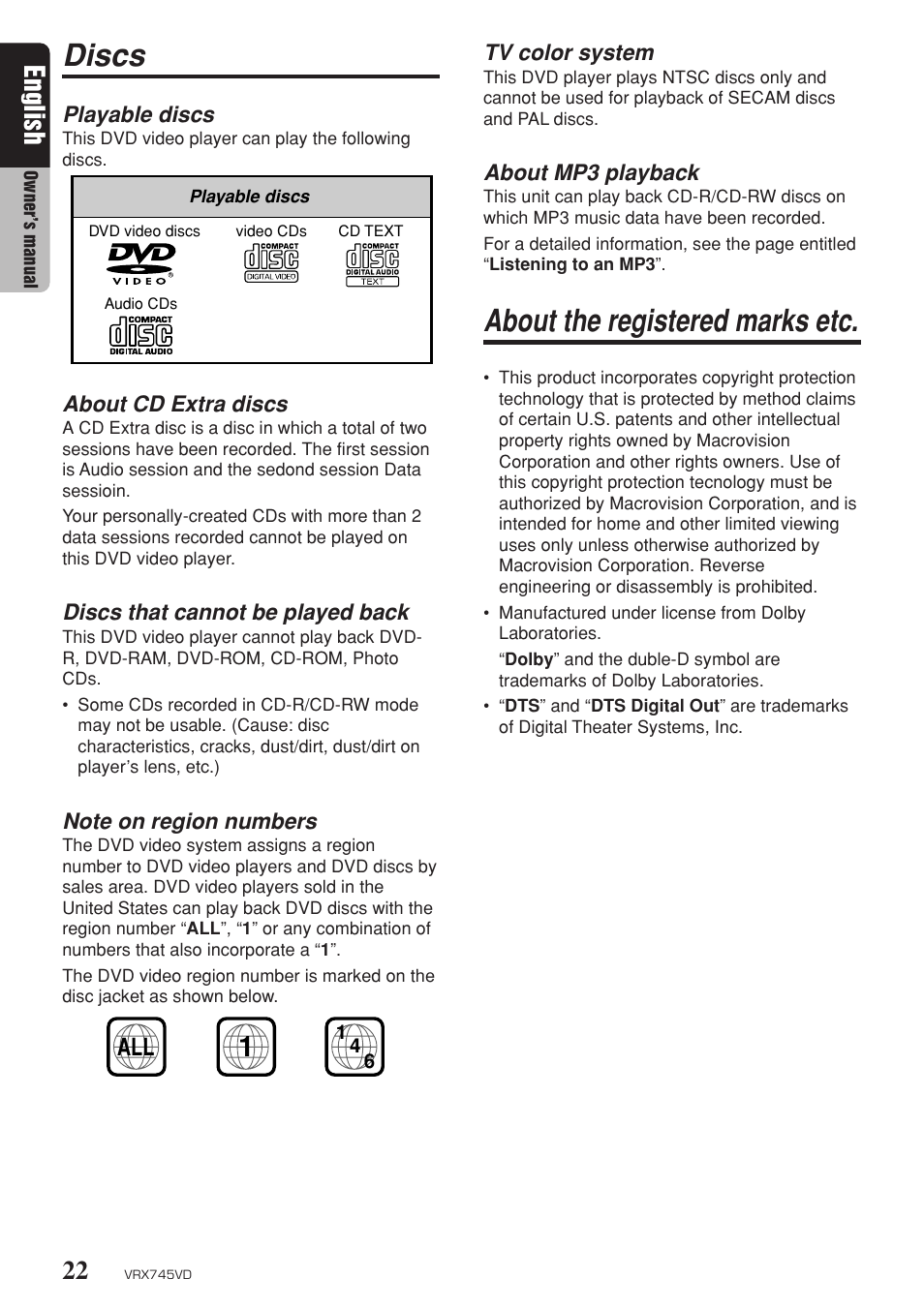 Discs, About the registered marks etc, English | Clarion VRX745VD User Manual | Page 20 / 68