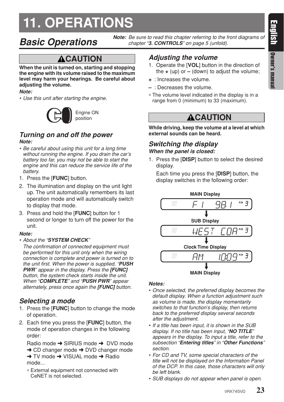 Operations, Basic operations, 23 english | Caution, Turning on and off the power, Selecting a mode, Adjusting the volume, Switching the display | Clarion VRX745VD User Manual | Page 21 / 68