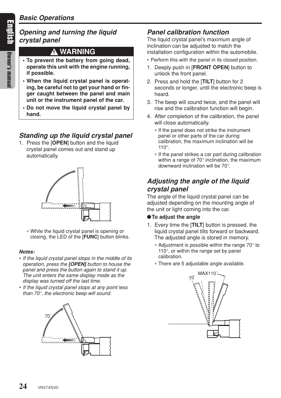 English, Warning, Standing up the liquid crystal panel | Panel calibration function, Adjusting the angle of the liquid crystal panel | Clarion VRX745VD User Manual | Page 22 / 68