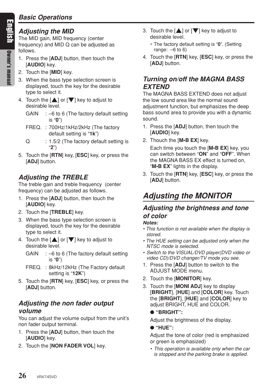 Adjusting the monitor, English, Basic operations adjusting the mid | Adjusting the treble, Adjusting the non fader output volume, Turning on/off the magna bass extend, Adjusting the brightness and tone of color | Clarion VRX745VD User Manual | Page 24 / 68