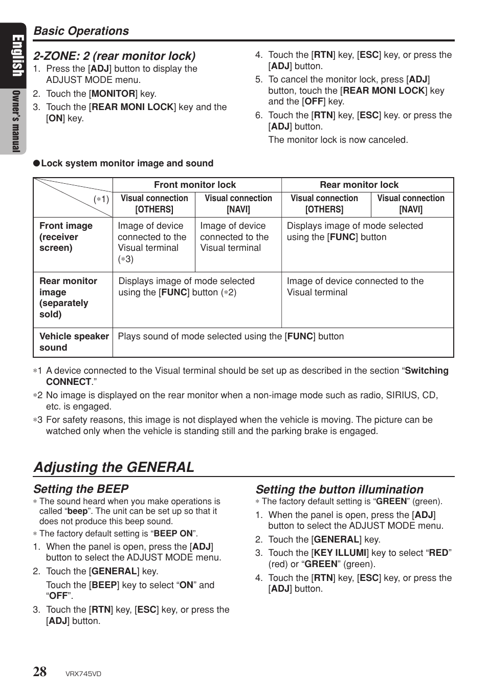 Adjusting the general, English, Basic operations | Setting the beep, Zone: 2 (rear monitor lock), Setting the button illumination | Clarion VRX745VD User Manual | Page 26 / 68