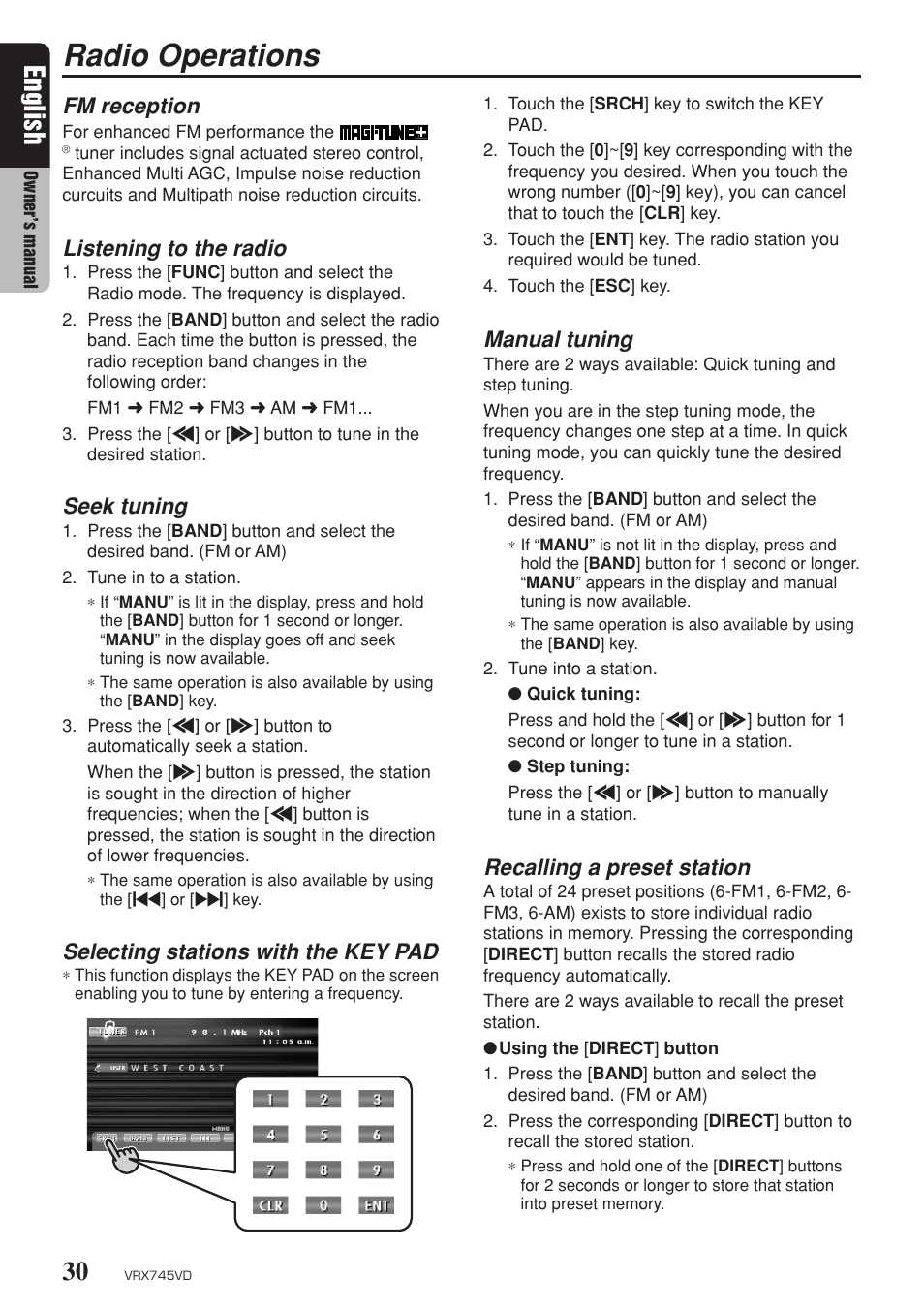 Radio operations, English, Fm reception | Listening to the radio, Seek tuning, Selecting stations with the key pad, Manual tuning, Recalling a preset station | Clarion VRX745VD User Manual | Page 28 / 68