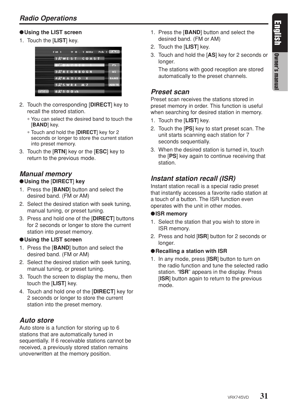 31 english, Auto store, Radio operations | Preset scan, Instant station recall (isr) | Clarion VRX745VD User Manual | Page 29 / 68