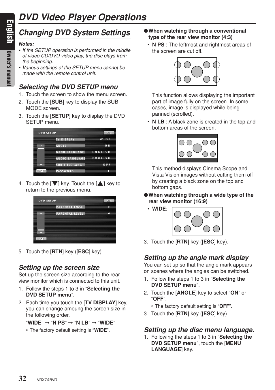 Dvd video player operations, Changing dvd system settings, English | Selecting the dvd setup menu, Setting up the screen size, Setting up the angle mark display, Setting up the disc menu language | Clarion VRX745VD User Manual | Page 30 / 68