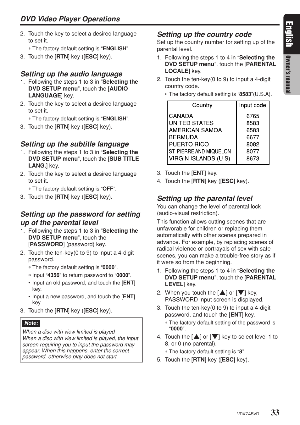 33 english, Dvd video player operations, Setting up the audio language | Setting up the subtitle language, Setting up the country code, Setting up the parental level | Clarion VRX745VD User Manual | Page 31 / 68