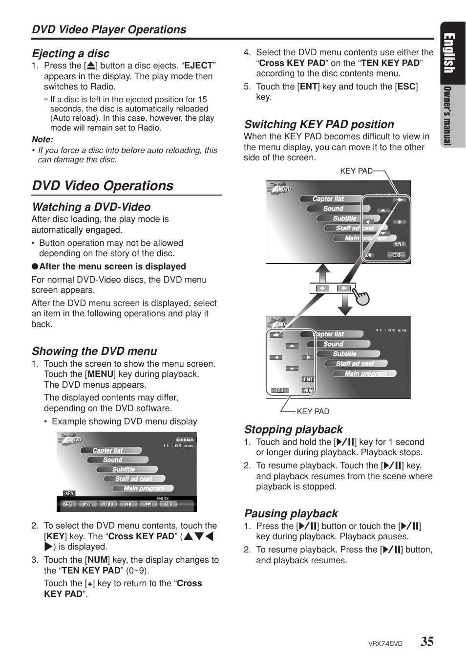 Dvd video operations, 35 english, Dvd video player operations ejecting a disc | Watching a dvd-video, Showing the dvd menu, Switching key pad position, Stopping playback, Pausing playback | Clarion VRX745VD User Manual | Page 33 / 68