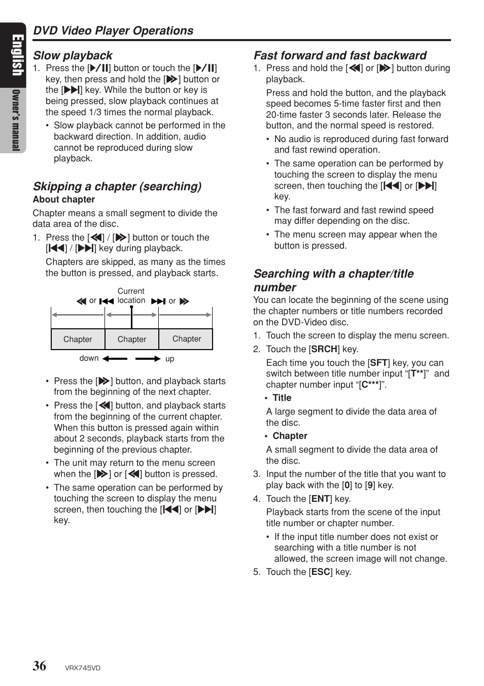 English, Dvd video player operations slow playback, Skipping a chapter (searching) | Fast forward and fast backward, Searching with a chapter/title number | Clarion VRX745VD User Manual | Page 34 / 68