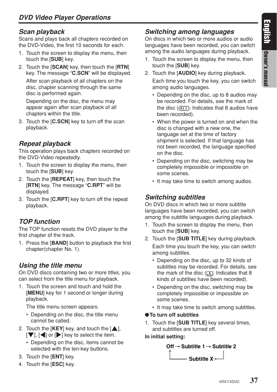 37 english, Dvd video player operations scan playback, Repeat playback | Top function, Using the title menu, Switching among languages, Switching subtitles | Clarion VRX745VD User Manual | Page 35 / 68