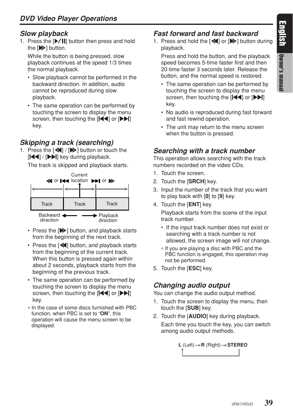 39 english, Searching with a track number, Changing audio output | Slow playback, Skipping a track (searching) | Clarion VRX745VD User Manual | Page 37 / 68