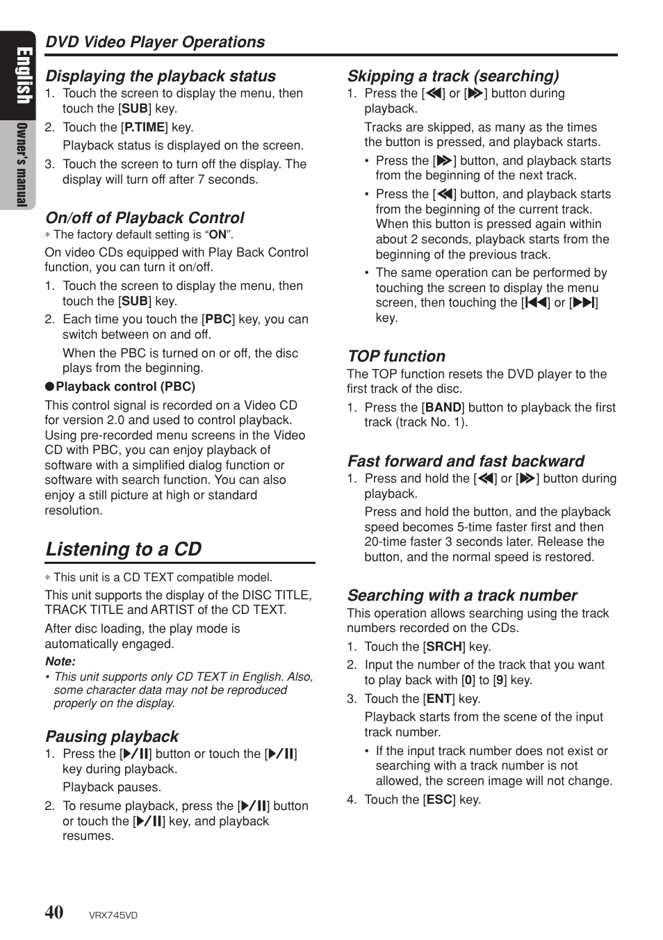 Listening to a cd, English, On/off of playback control | Pausing playback, Skipping a track (searching), Top function, Fast forward and fast backward, Searching with a track number | Clarion VRX745VD User Manual | Page 38 / 68