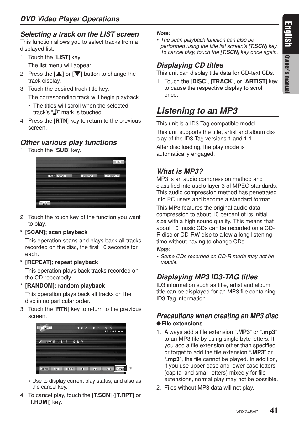 Listening to an mp3, 41 english, Selecting a track on the list screen | Other various play functions, Dvd video player operations, Displaying cd titles, What is mp3, Displaying mp3 id3-tag titles, Precautions when creating an mp3 disc | Clarion VRX745VD User Manual | Page 39 / 68