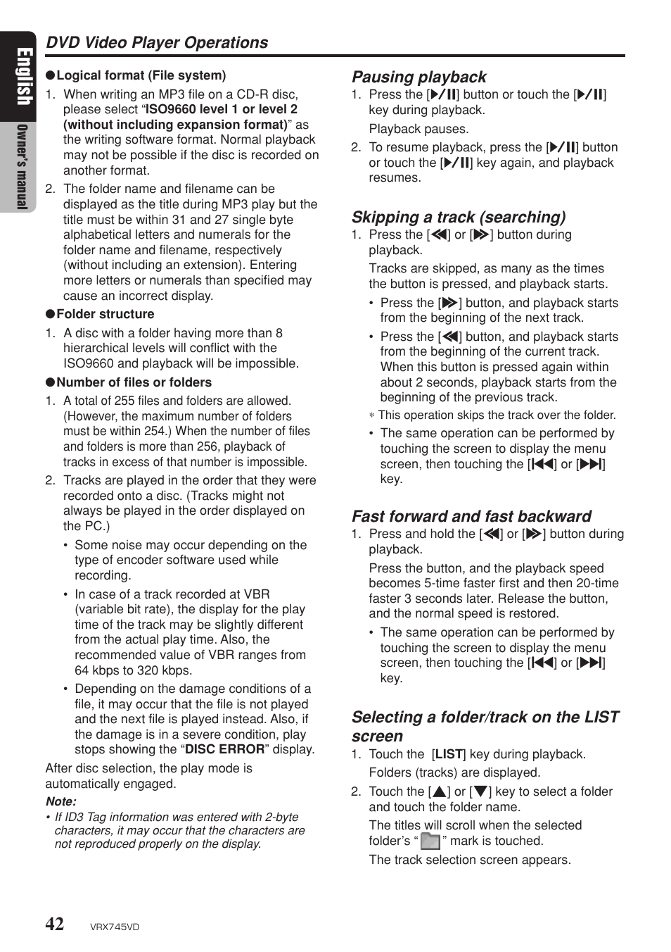English, Dvd video player operations, Pausing playback | Skipping a track (searching), Fast forward and fast backward, Selecting a folder/track on the list screen | Clarion VRX745VD User Manual | Page 40 / 68
