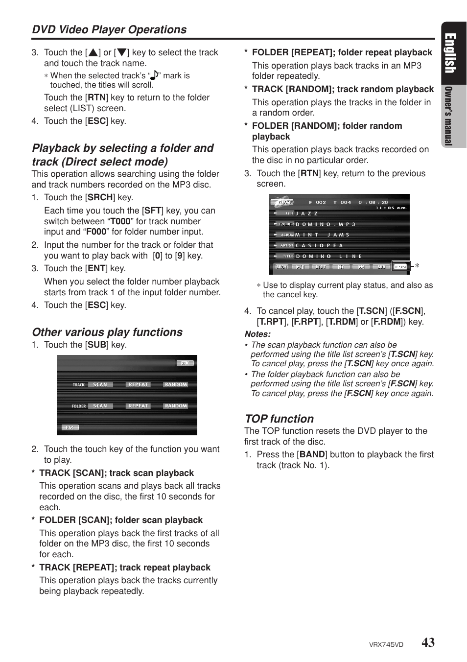 43 english, Dvd video player operations, Other various play functions | Top function | Clarion VRX745VD User Manual | Page 41 / 68