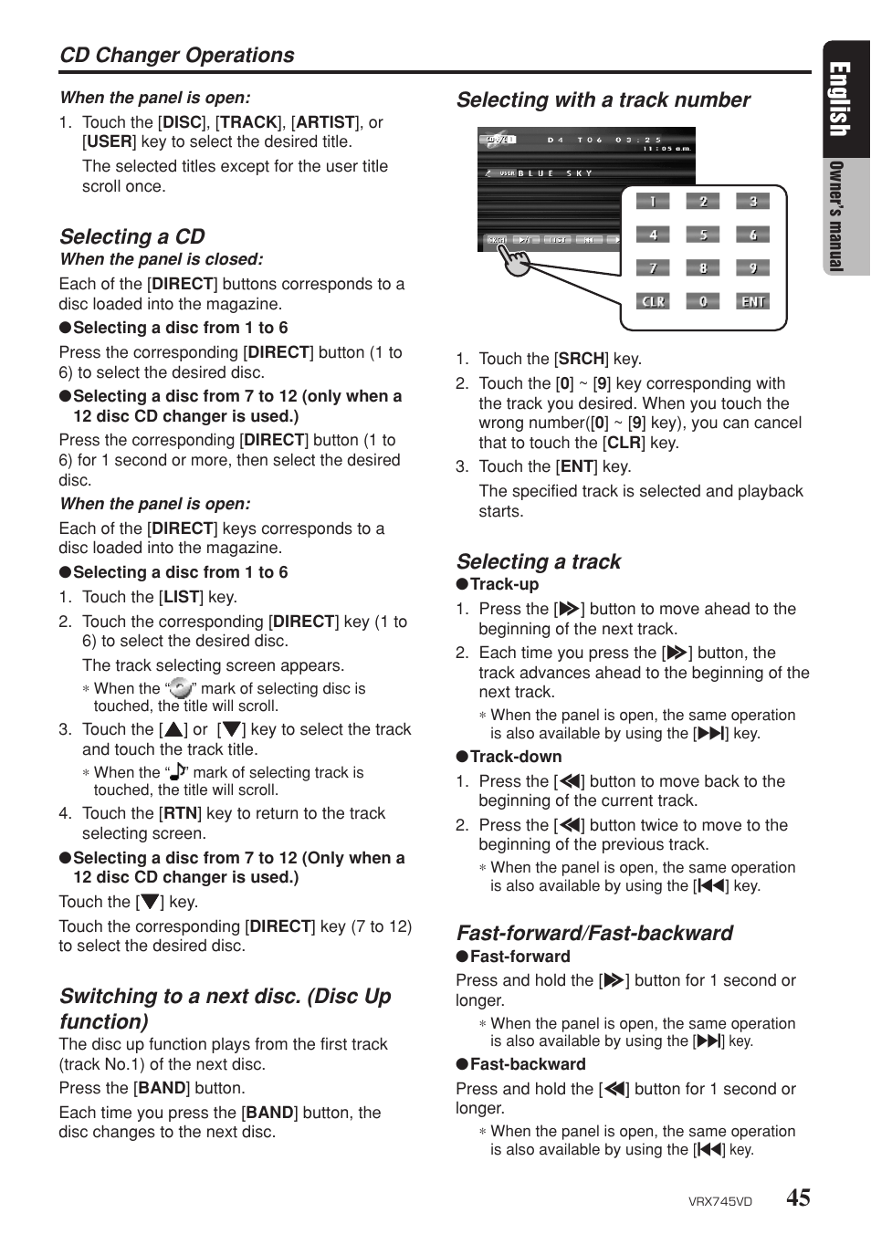 45 english, Selecting a cd, Switching to a next disc. (disc up function) | Selecting with a track number, Selecting a track, Fast-forward/fast-backward, Cd changer operations | Clarion VRX745VD User Manual | Page 43 / 68