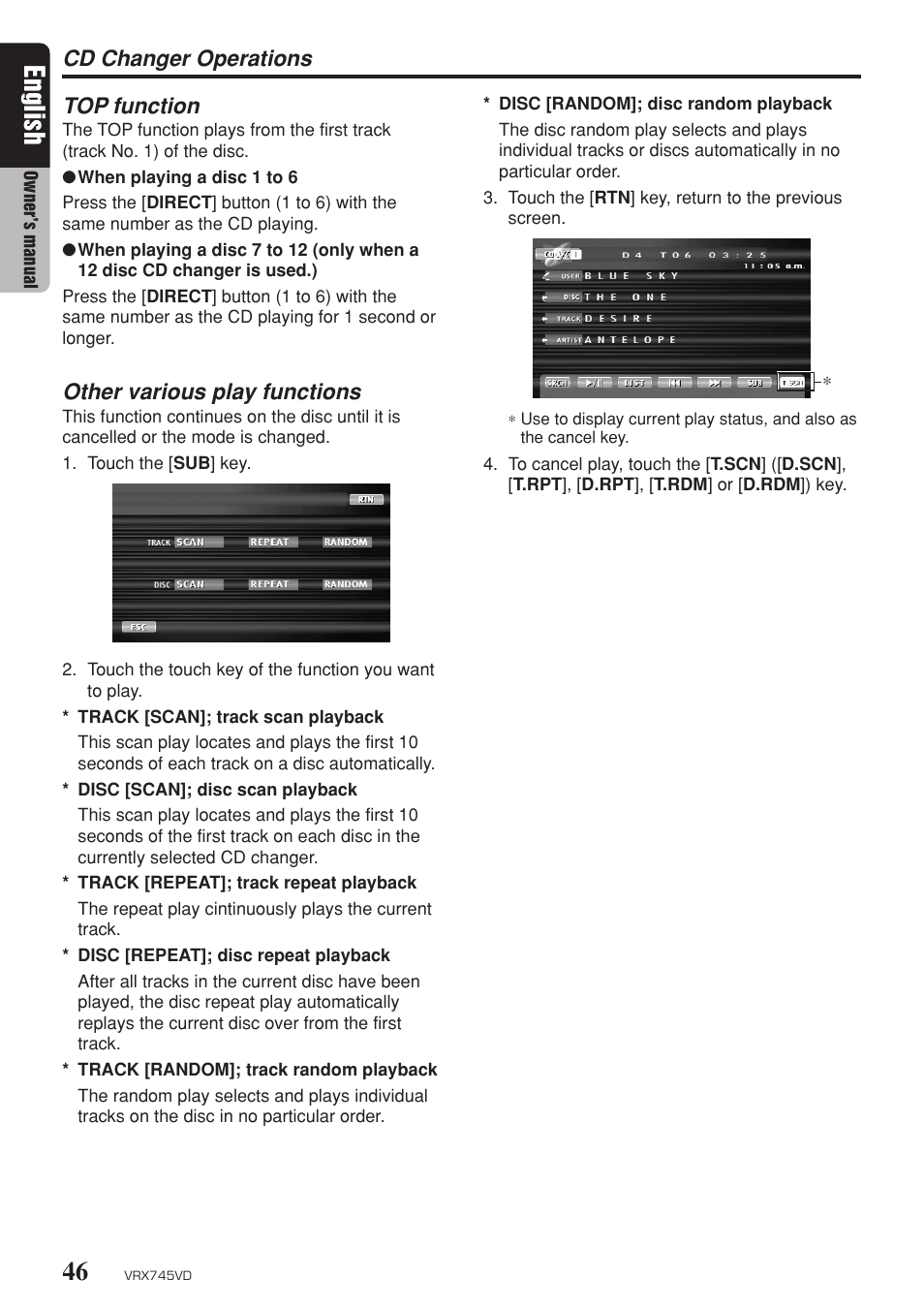 English, Cd changer operations top function, Other various play functions | Clarion VRX745VD User Manual | Page 44 / 68