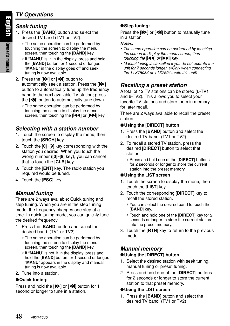 English, Seek tuning, Selecting with a station number | Manual tuning, Tv operations, Recalling a preset station | Clarion VRX745VD User Manual | Page 46 / 68