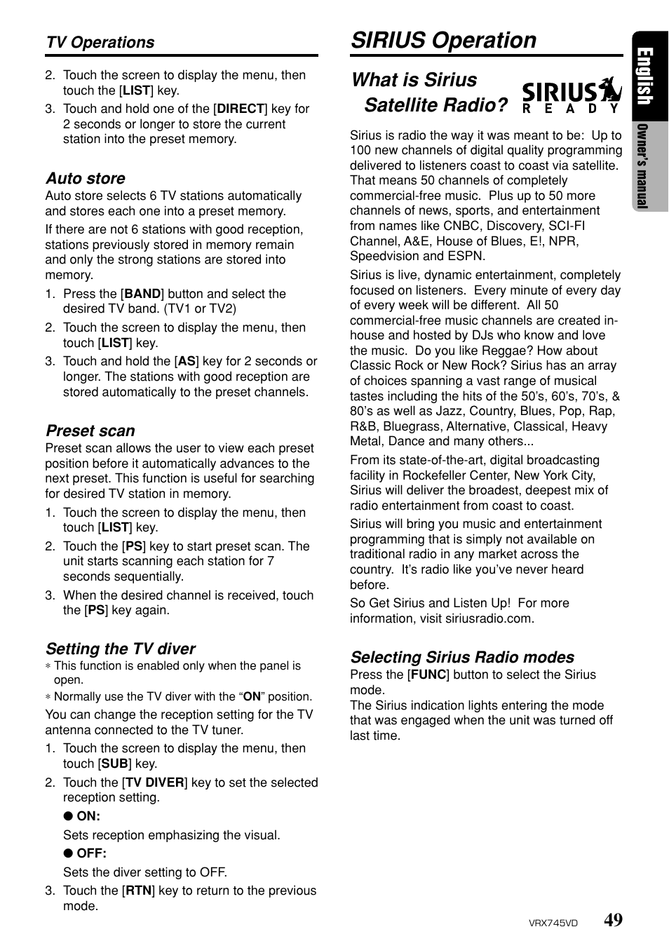 Sirius operation, 49 english, What is sirius satellite radio | Tv operations, Auto store, Preset scan, Setting the tv diver, Selecting sirius radio modes | Clarion VRX745VD User Manual | Page 47 / 68