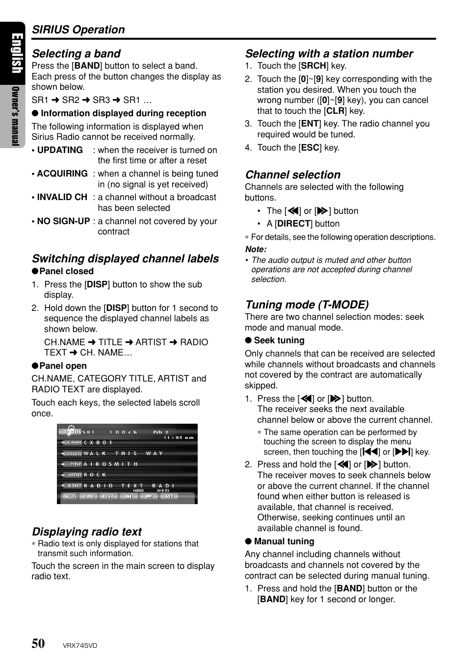 English, Selecting with a station number, Channel selection | Tuning mode (t-mode), Selecting a band, Switching displayed channel labels, Displaying radio text, Sirius operation | Clarion VRX745VD User Manual | Page 48 / 68