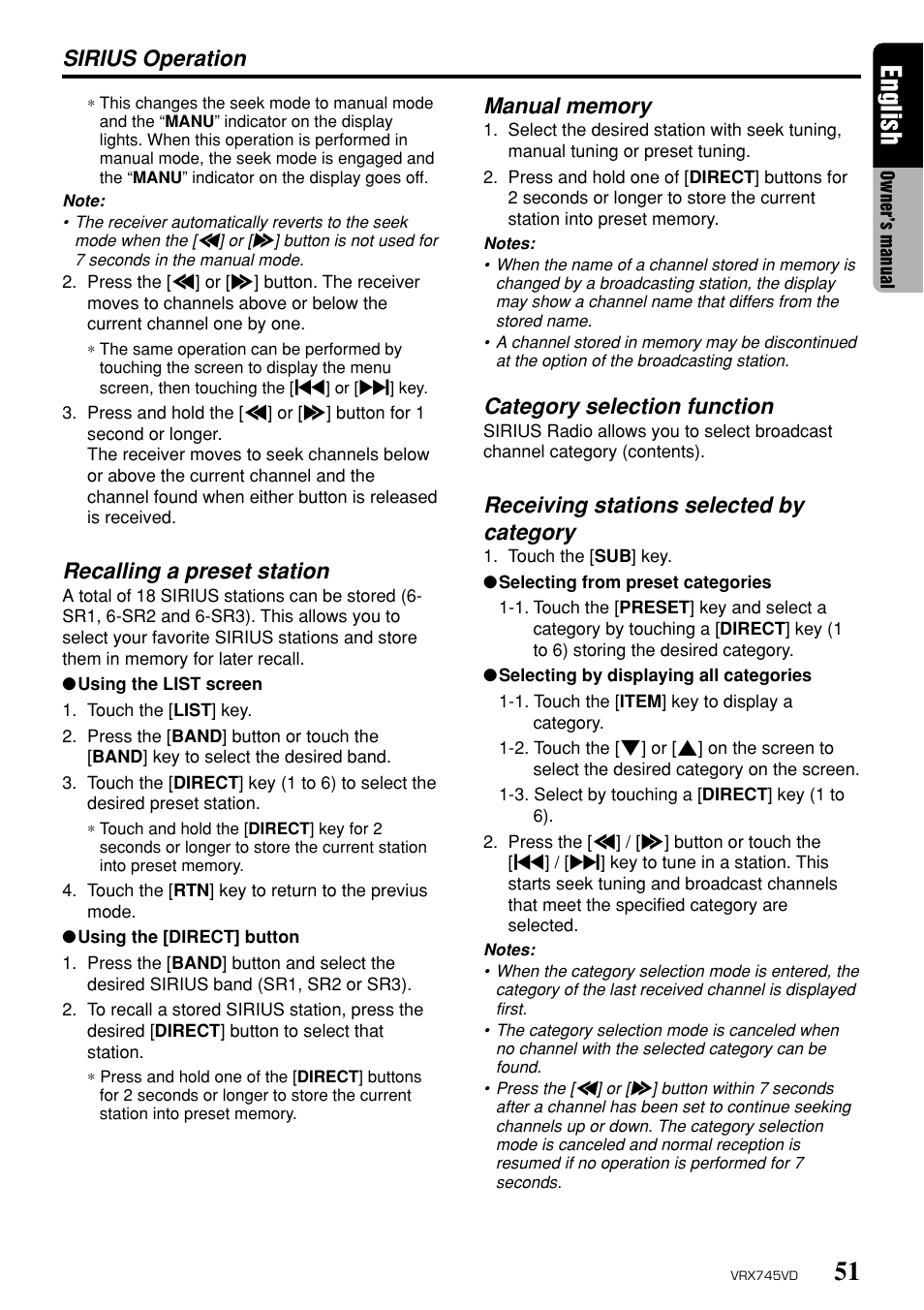 51 english, Recalling a preset station, Category selection function | Receiving stations selected by category | Clarion VRX745VD User Manual | Page 49 / 68