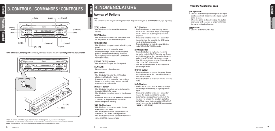 When the front panel open, Controls / commandes / controles 4. nomenclature, Names of buttons | English fran ç ais espa ñ ol english, English | Clarion VRX745VD User Manual | Page 5 / 68