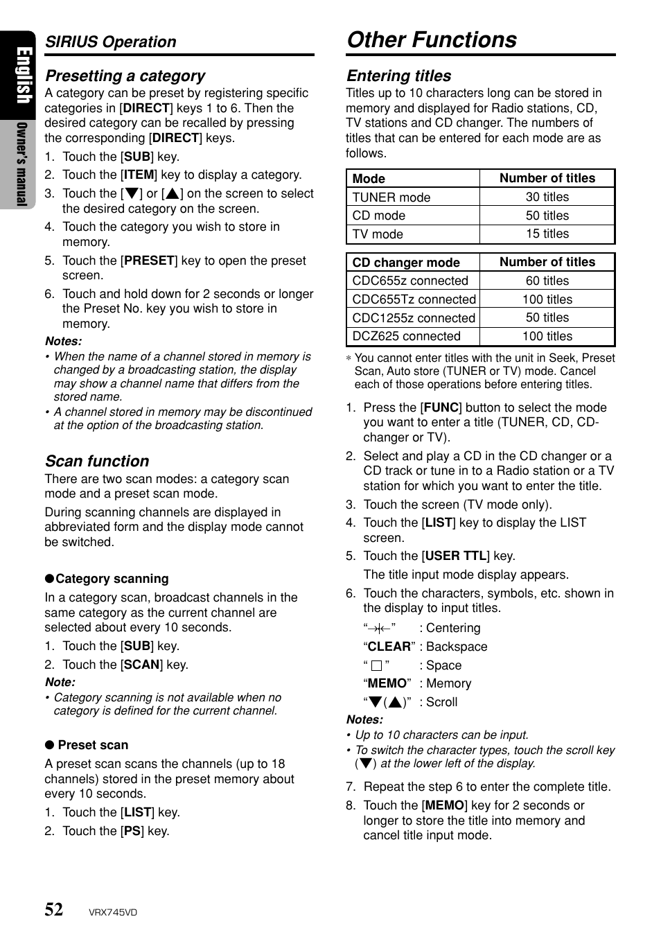 Other functions, English, Entering titles | Sirius operation, Presetting a category, Scan function | Clarion VRX745VD User Manual | Page 50 / 68