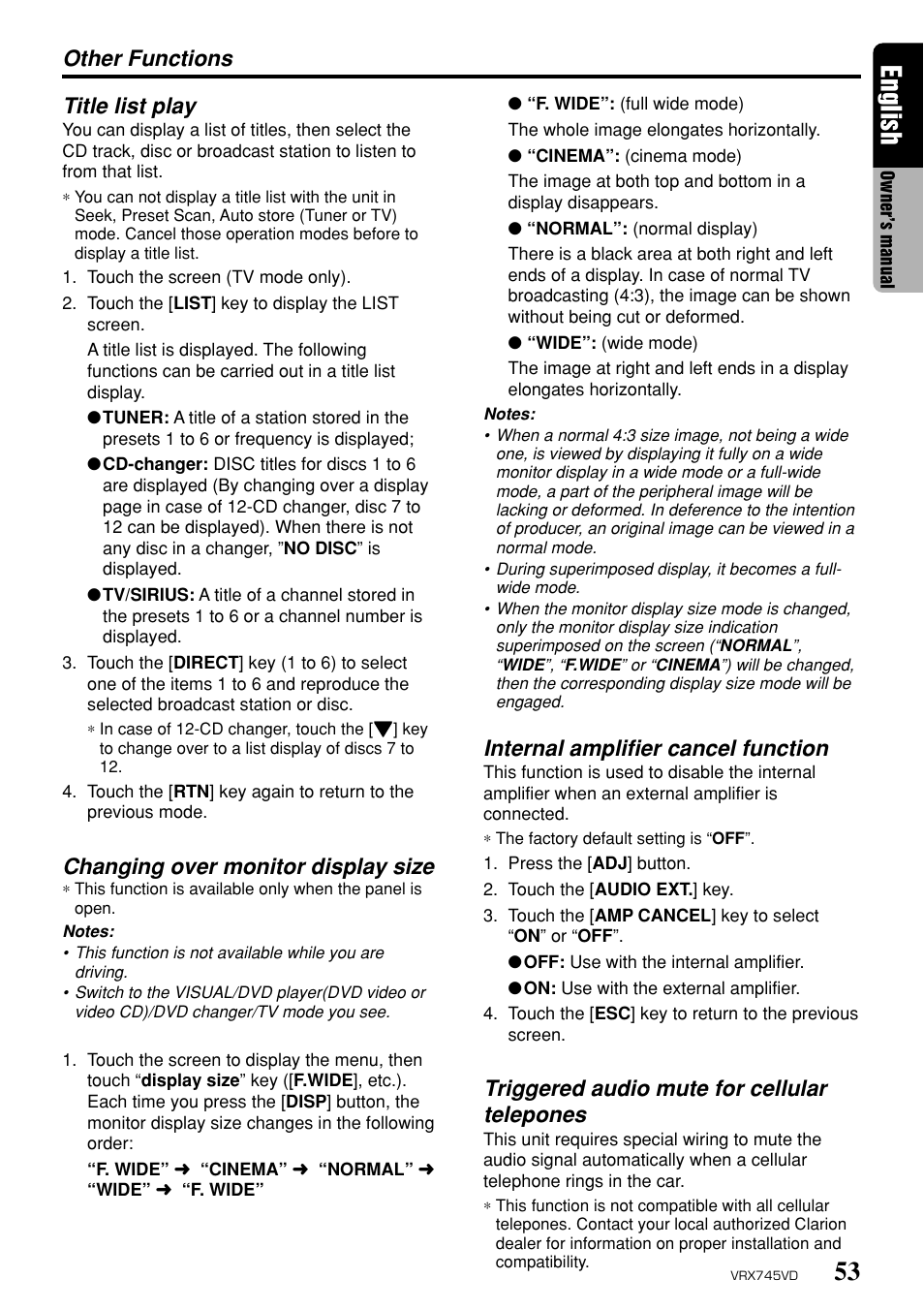 53 english, Title list play, Changing over monitor display size | Internal amplifier cancel function, Triggered audio mute for cellular telepones, Other functions | Clarion VRX745VD User Manual | Page 51 / 68