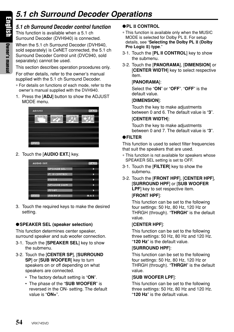 1 ch surround decoder operations, English, 1 ch surround decoder control function | Clarion VRX745VD User Manual | Page 52 / 68