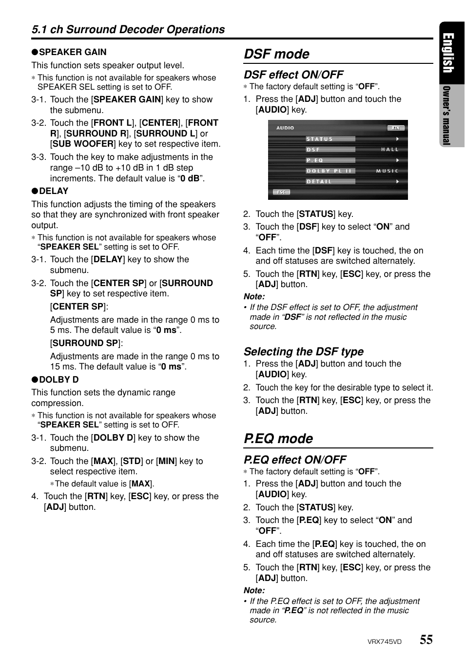 55 english, Dsf mode, P.eq mode | Dsf effect on/off, Selecting the dsf type, P.eq effect on/off, 1 ch surround decoder operations | Clarion VRX745VD User Manual | Page 53 / 68
