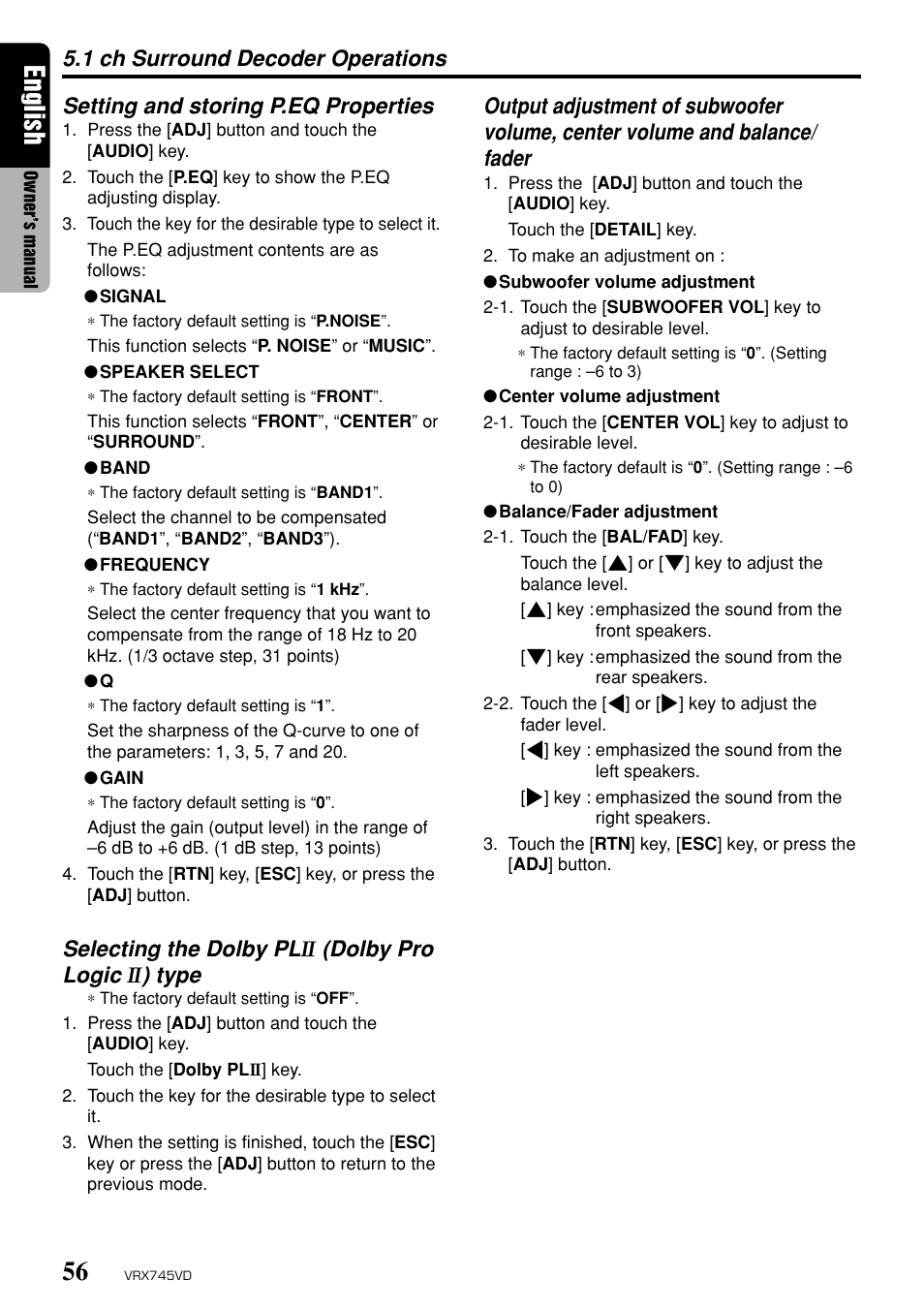 English, Selecting the dolby pl, Dolby pro logic | Type | Clarion VRX745VD User Manual | Page 54 / 68