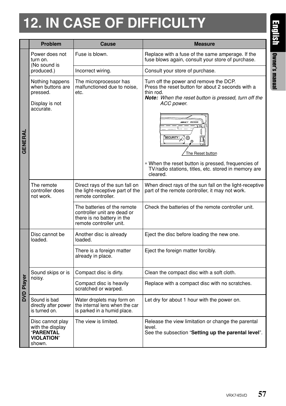 In case of difficulty, 57 english | Clarion VRX745VD User Manual | Page 55 / 68